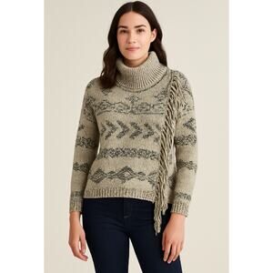 Lucky Brand Sweater Womens M Gray Fair Isle Turtleneck Fringe Knit Pullover